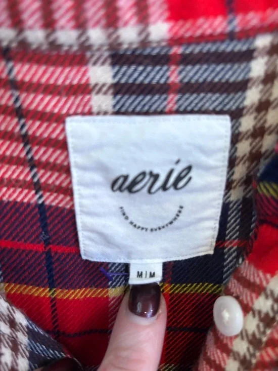aerie Red Plaid Button-Up Shirt with Navy and Cream Accents - Picture 3 of 4